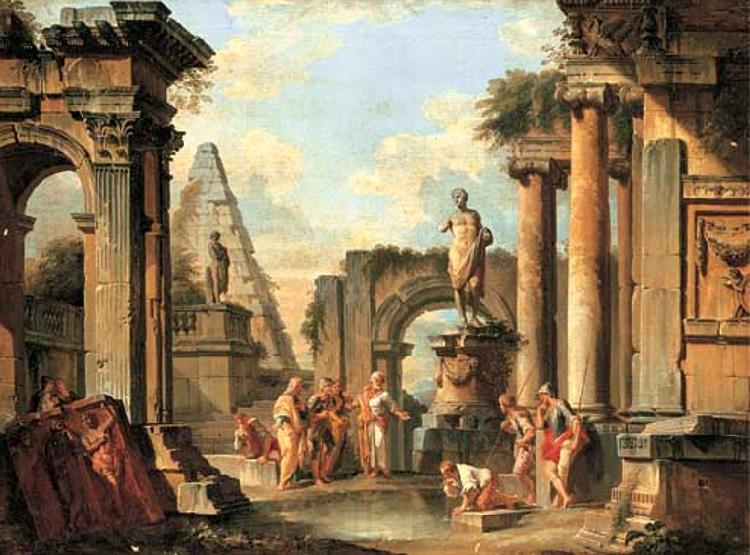 Giovanni Paolo Panini A capriccio of classical ruins with Diogenes throwing away his cup Spain oil painting art